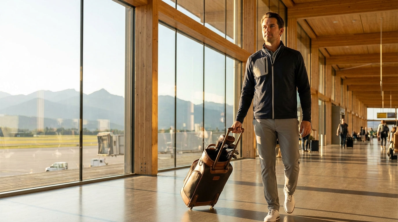 Golfer with premium golf travel bag walking through bright airport terminal with golf clubs visible, warm natural light, ready for golf getaway