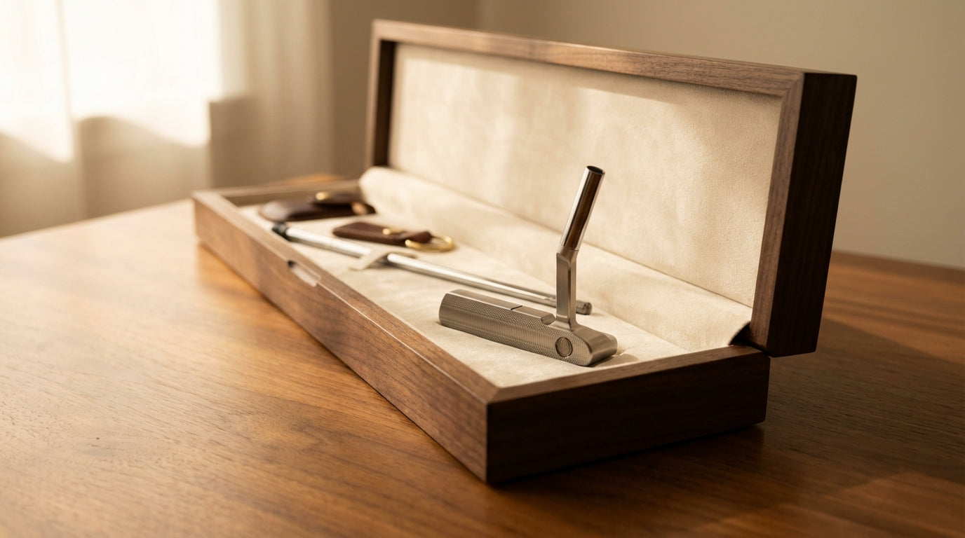 Custom milled golf putter in a luxury wooden presentation gift box