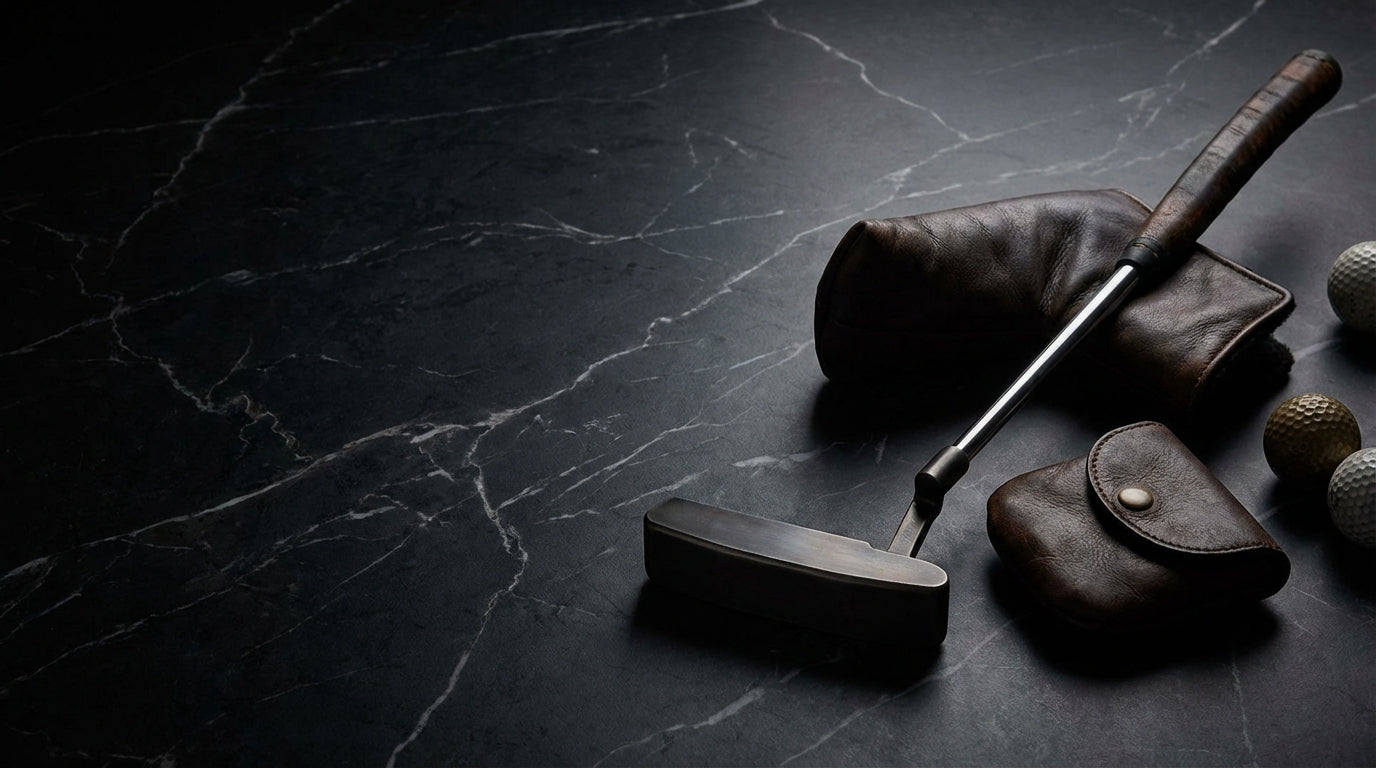 Luxury golf gifts — premium putter and leather accessories on dark marble