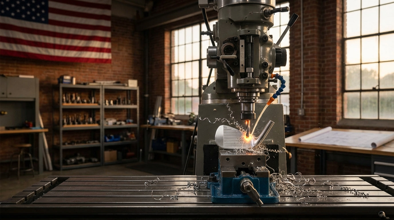 CNC milling machine manufacturing a golf putter in an American workshop