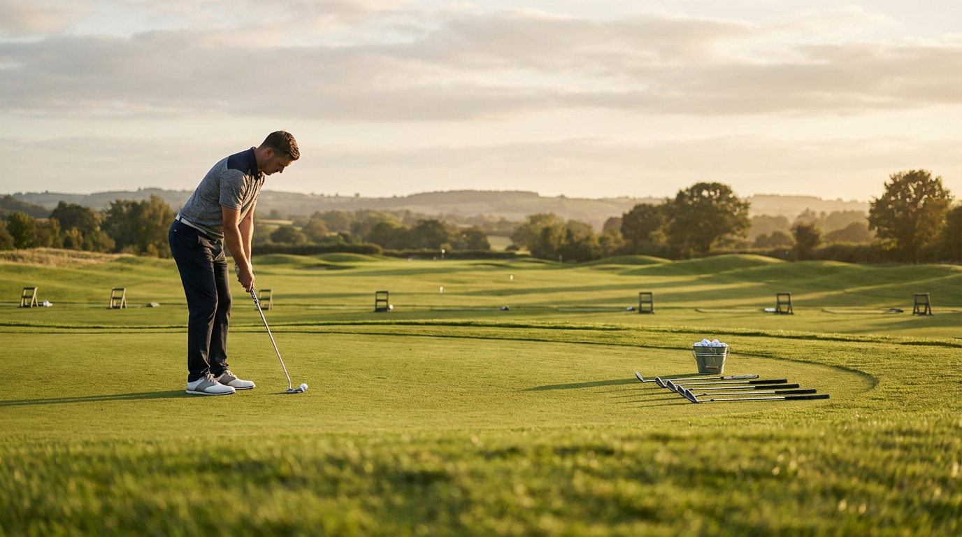 An elevated view of a golfer mid-practice on a putting green with a chipping area and driving range visible, showing a complete practice routine setup
