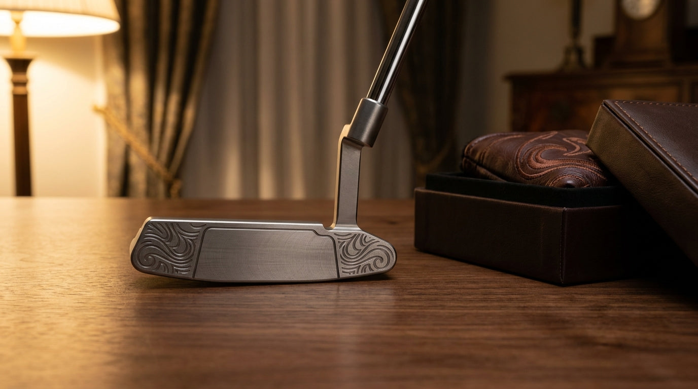 A personalized custom putter with engraved detail displayed with a premium gift box and leather headcover on dark wood