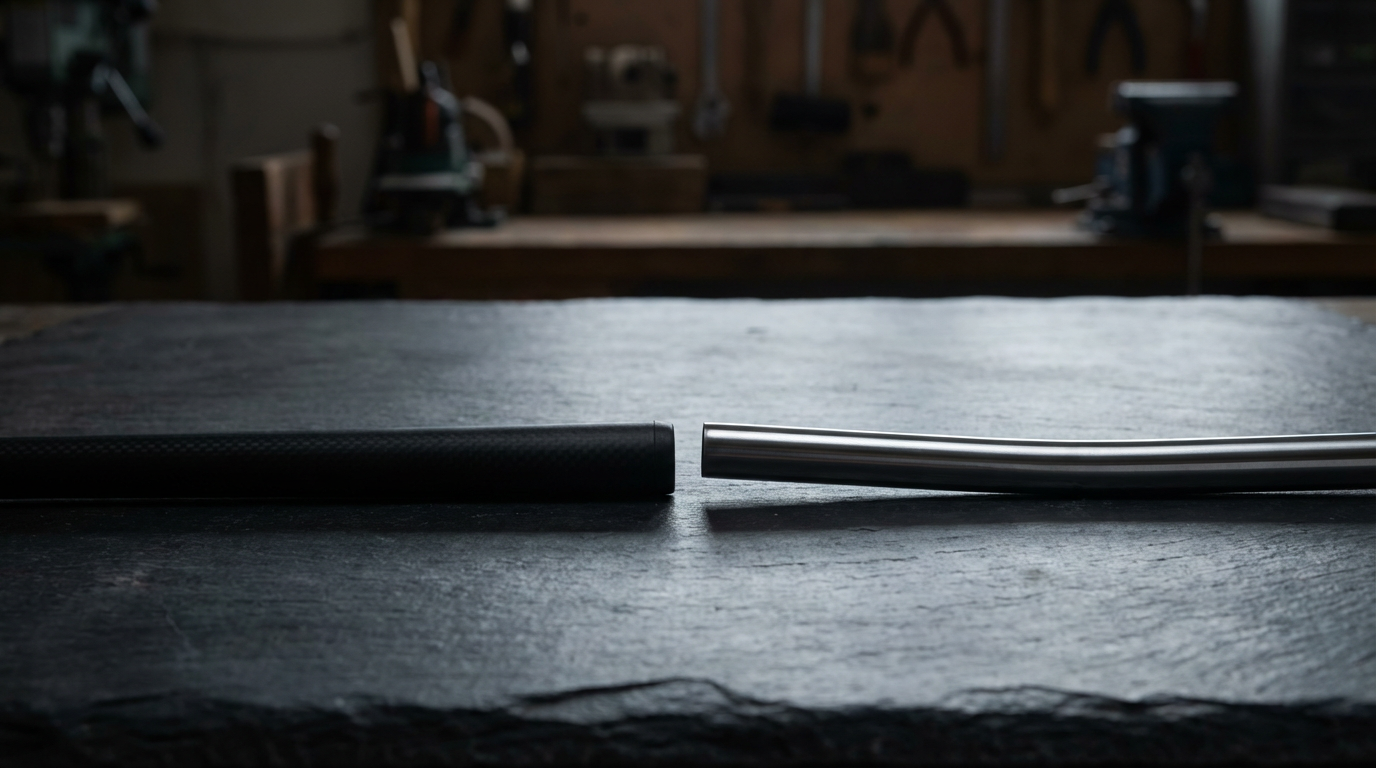 A graphite putter shaft and a steel putter shaft laid side by side on a dark workshop surface for comparison