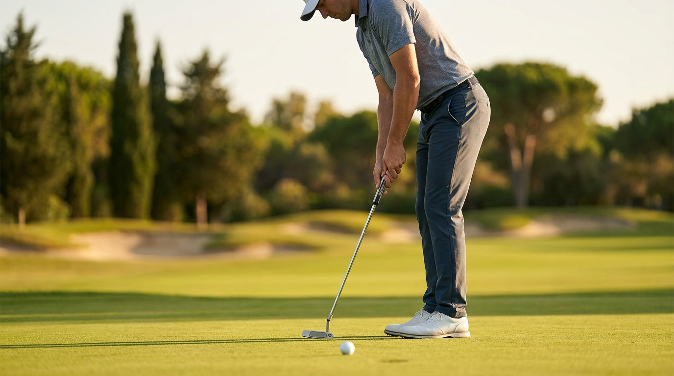 Golfer at address with a properly fitted putter showing correct posture, arm hang, and length matching their height
