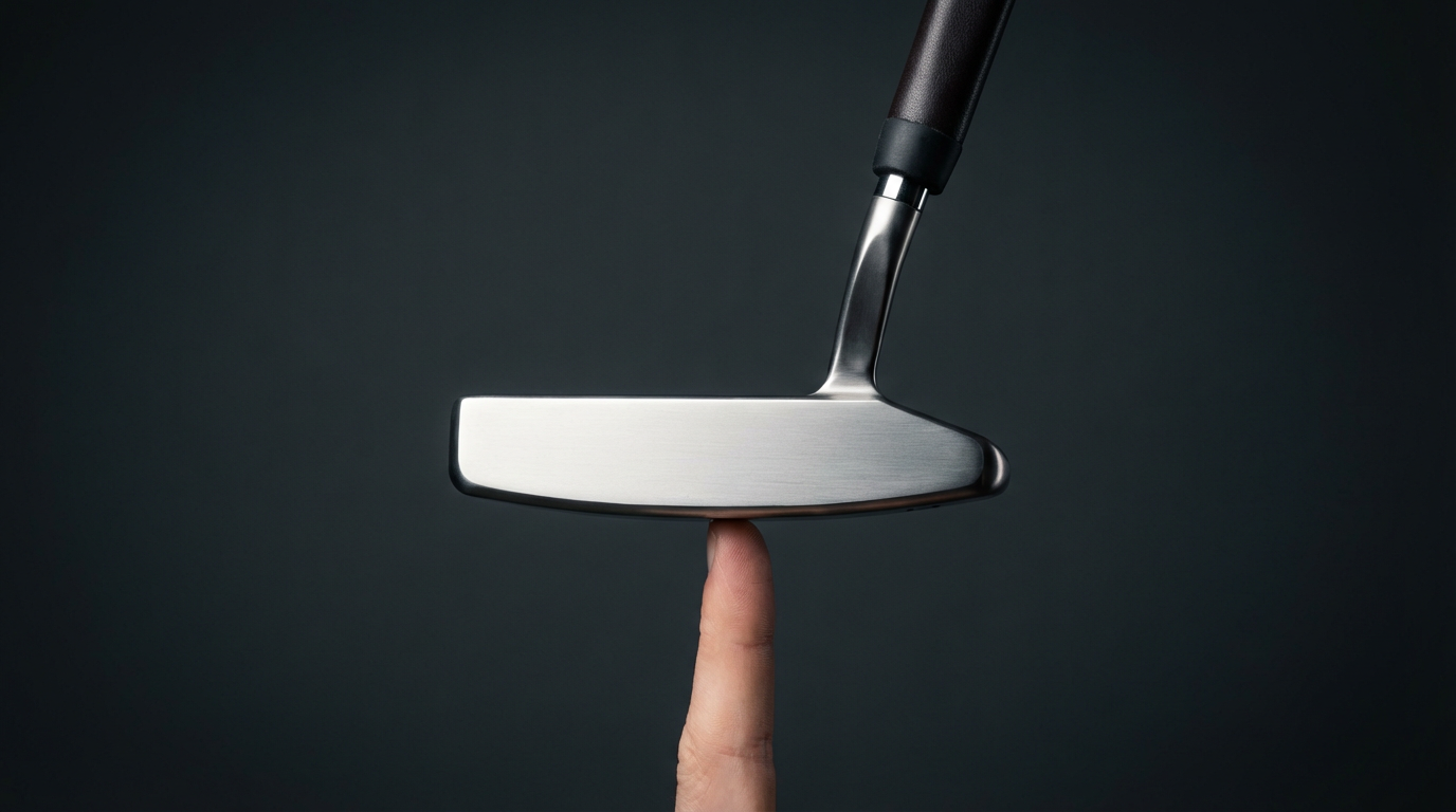 Premium putter balanced horizontally on a finger with its face pointing straight up, demonstrating face-balance characteristics