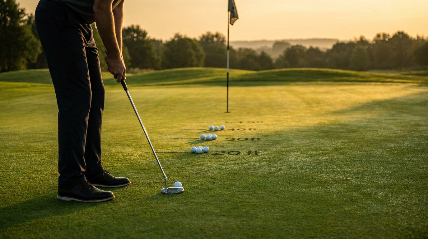 Practice green with multiple golf balls arranged at long distances for lag putting drills, with a golfer preparing a long putt