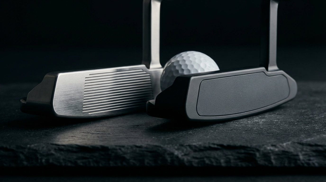 Close-up comparison of a milled face putter and an insert face putter side by side with a white golf ball