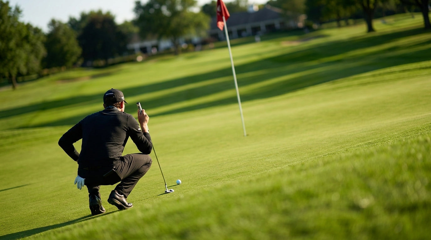 Golfer crouched behind the ball reading the line of a breaking putt on a sloping green with the flagstick in the distance