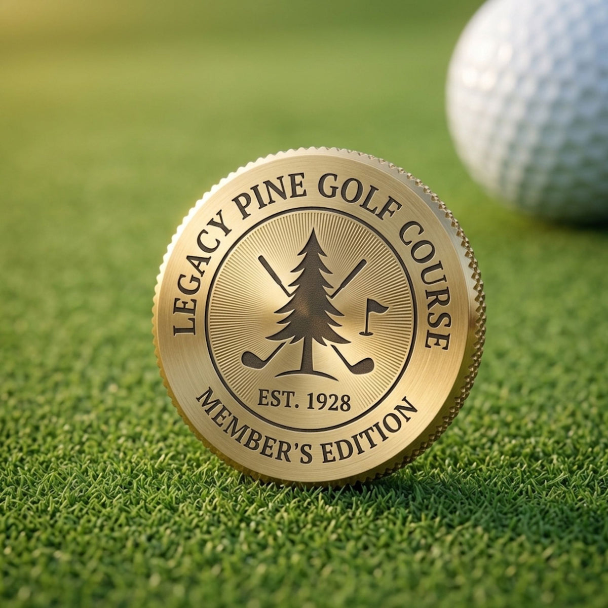Custom engraved brass ball marker with a golf course logo on the green beside a golf ball
