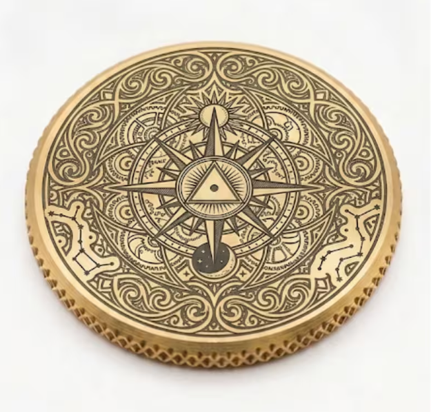 Brass ball marker engraved with an intricate ornamental mandala pattern