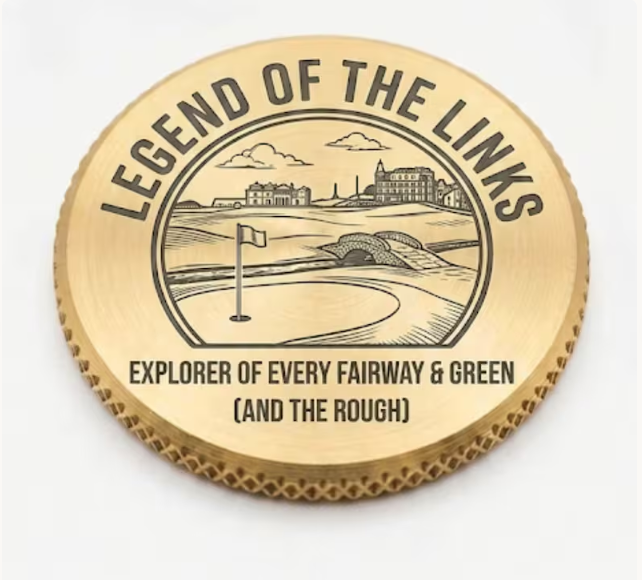 Brass golf ball marker engraved Legend of the Links with a coastal golf course scene