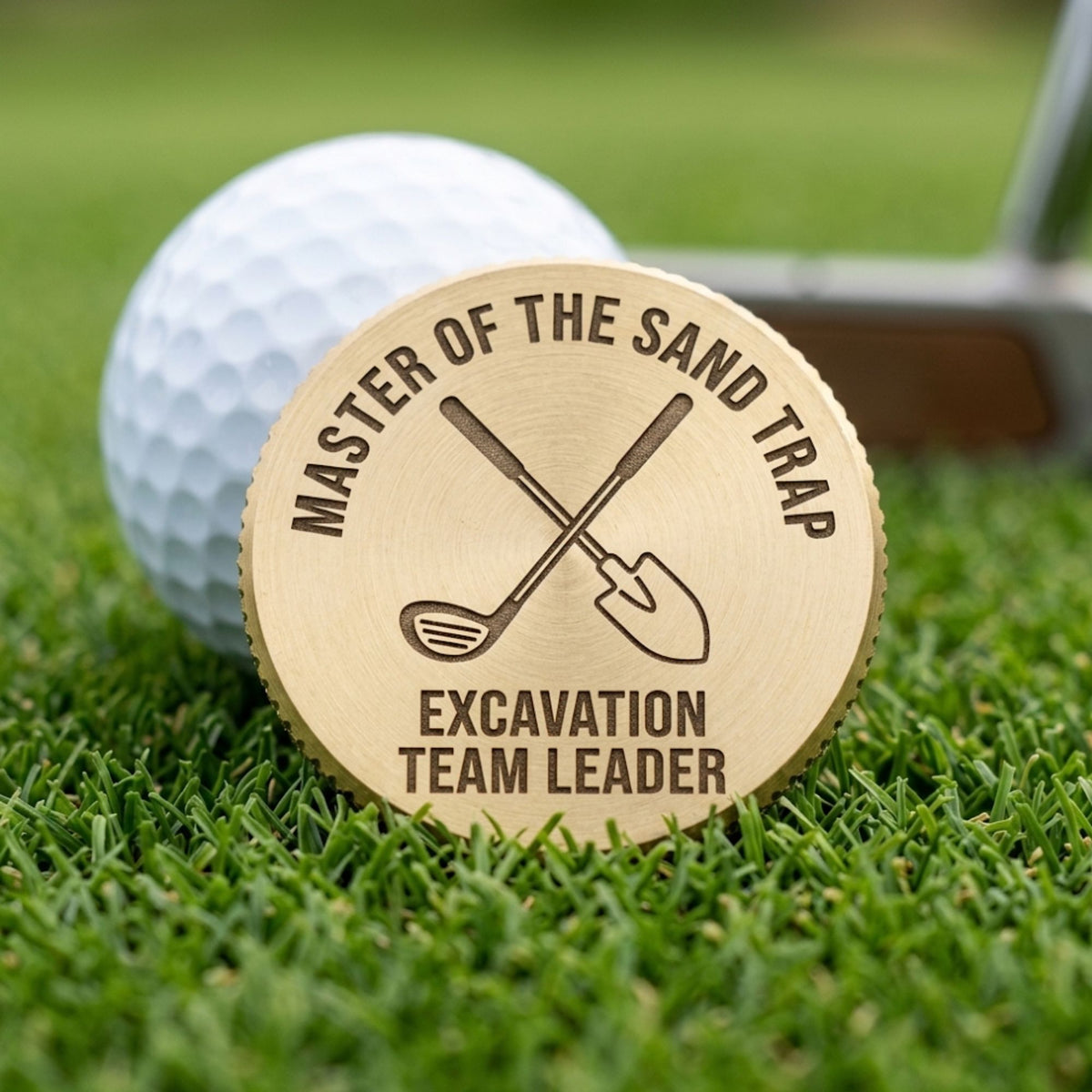 Knurled brass golf ball marker engraved Master of the Sand Trap on the green next to a golf ball