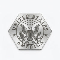 Stainless hexagon golf ball marker engraved with a United States of America eagle seal