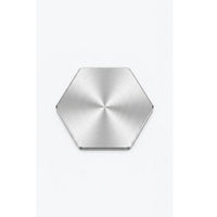Top view of a blank stainless steel hexagon ball marker with radial spun finish