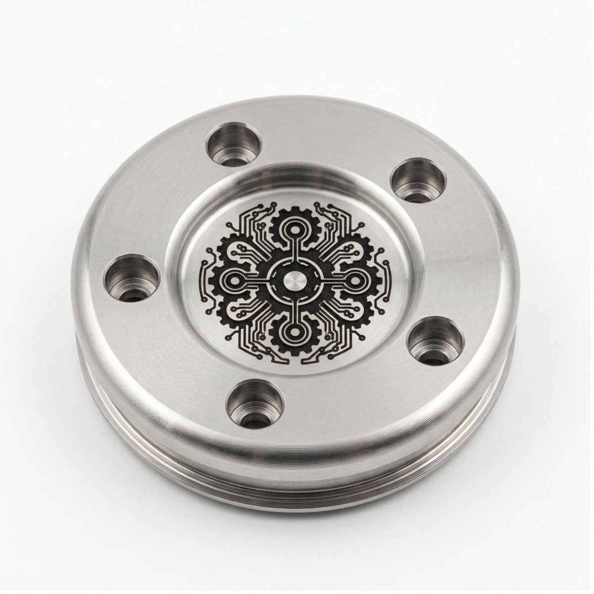 Stainless putter weight laser engraved with a gear and circuit board design