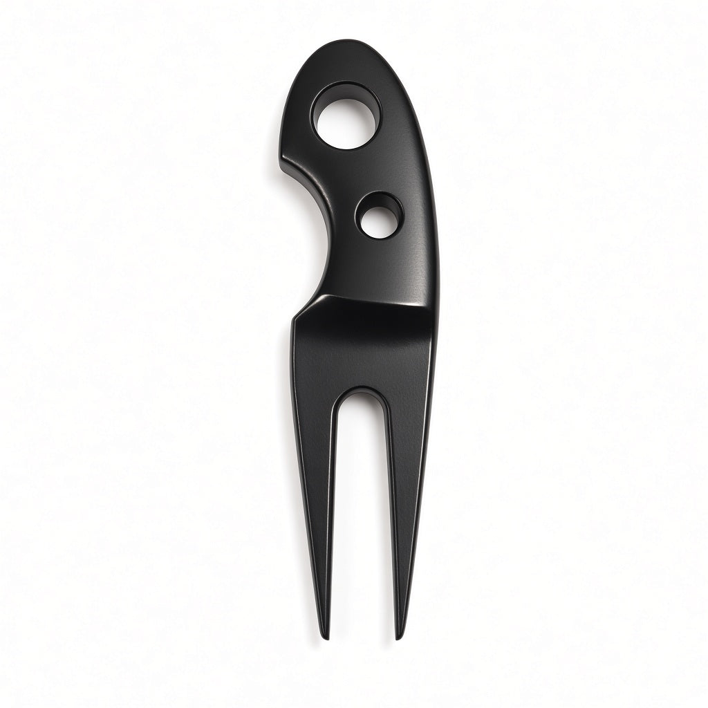Black Trapper divot tool, front view showing the knife-inspired head and finger scoop