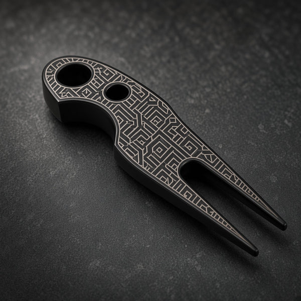 Black Trapper divot tool with a full-face geometric pattern engraving
